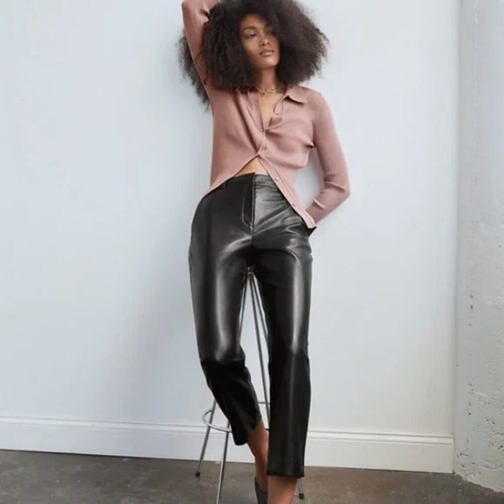 Aritzia Babaton Command Vegan Faux Leather Pants Black Straight Leg High Rise 2‎